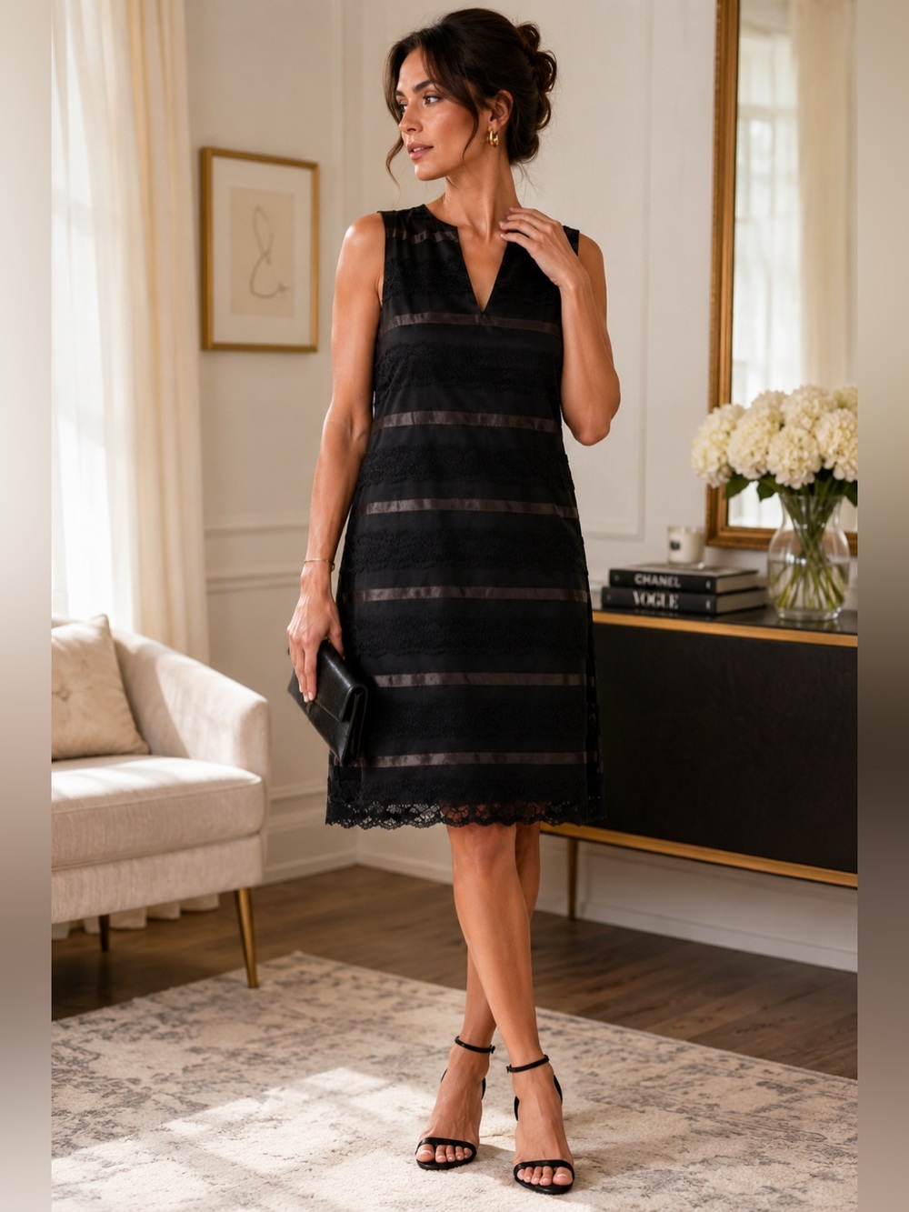Maggie London Black Silk Lace Cocktail Dress Wedding Guest Elegant Size 14